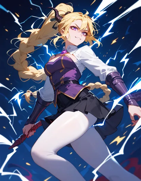 girl,Yellow hair, in purple eyes,Krian hair ,Long Braid , Ponytail, medium face,Charming,Thin, Black Short Skirt,Long white tights ,Fierce face, villains,electricity,