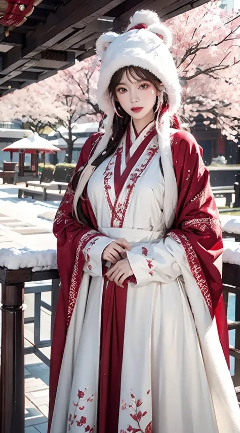 photorealistic, high resolution, 1women with a brown bear hat shining skin, solo, hips up, tattoo, jewelry, pink lips, long white hair, blue eyes, closed mouth, red winter hanfu, cloak, snow, cherry blossoms