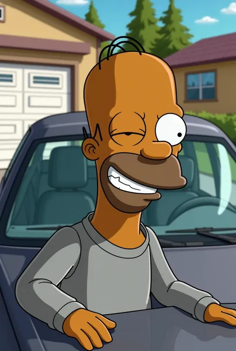 "A Simpsons-style cartoon character of a brown-skinned man with a shaved head and a thin beard. He is taking a selfie with a relaxed smile, placing one hand on the hood of a car. The car has a two-tone design with a dark gray bumper and a silver hood. The ...