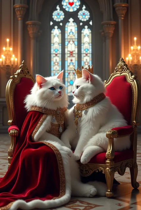 create an animated image prompt with an imperial majestic air for a couple of two male and female royal Persian cats in medieval royal splendor: the male cat making a passionate declaration of love to his elegant companion. Both cats feature luxurious pure...