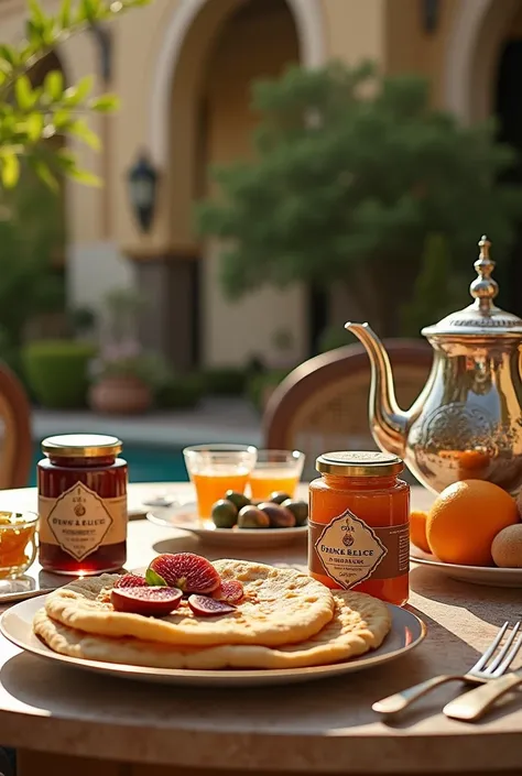 "A luxurious breakfast table set in a sophisticated European-style garden with elegant outdoor furniture, lush greenery, and warm natural lighting. The table prominently features two jars of jam from the brand Fruits & Délice, labeled as 350g—one containin...