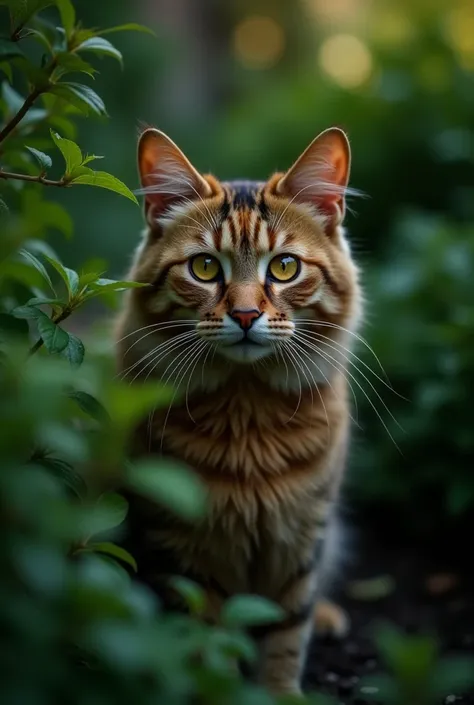 " A brown cat in a green garden , surrounded by plants .  The cat is looking straight ahead , with a calm and curious expression,  as if interacting with the camera .  The environment is illuminated by a soft light ,  highlighting the glowing eyes and deta...