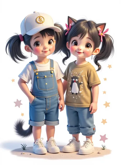  wearing a short-sleeved khaki sports and leisure suit ，大脑袋 big eyes， with long, fluffy braids ， wearing a loose t-shirt and oversized jean straps {x}， pout and look back on the side 。 A cute, chubby two-headed  。Watercolor style，Screen transparency， white...