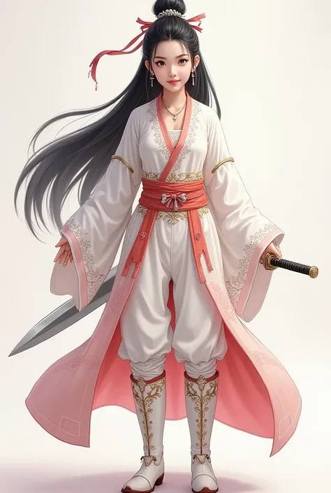 Prompt: Make the female character look full-bodied with long black hair, partially braided on both sides and tied at the back with a simple cherry blossom ribbon. His face is oval with large dark brown eyes. Her makeup was natural, and she wore classic lon...