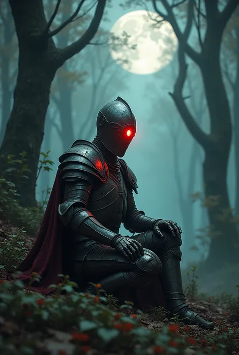 1 Undead knight, sit in ground, , full armor, red shining eye, look at moon, in wood in forrest