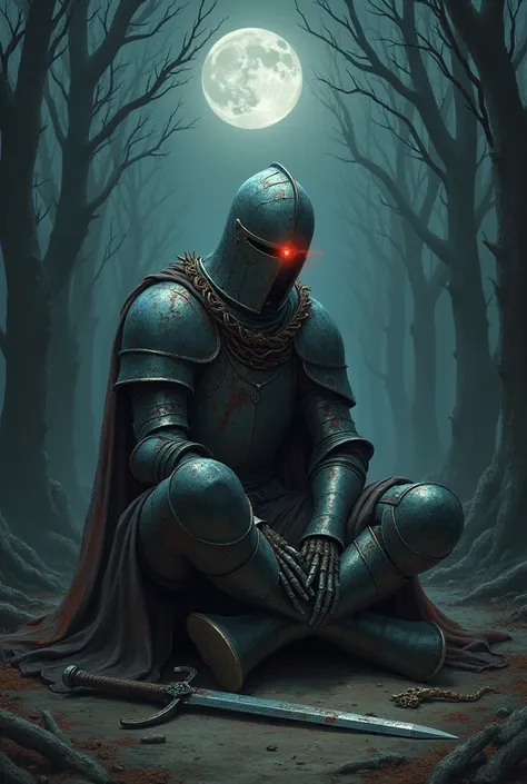 1 Undead knight, sit in ground, , full armor, red shining eye, look at moon, in wood in forrest, rusty breaking armor, breaking sword, sad