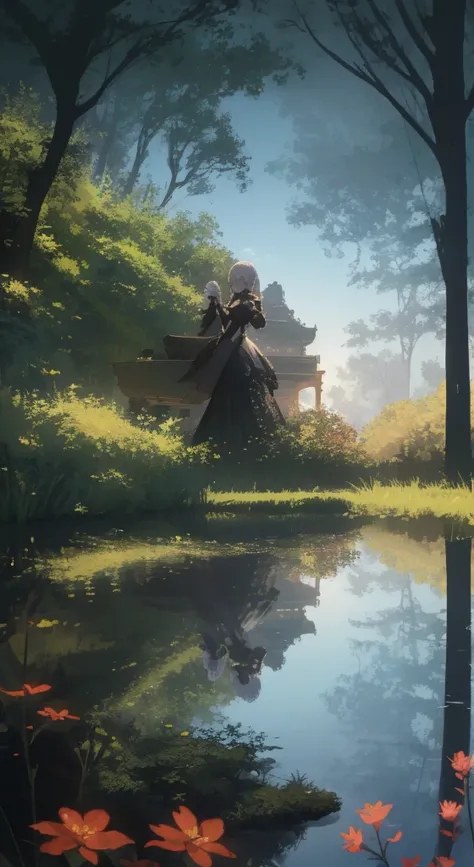 Anime-semirealistic girl in the style of Nier, playing a grand piano in nature, silver hair, intricate gothic-inspired dress, ornate futuristic piano, golden sunlight filtering through trees, lush vibrant meadow with colorful flowers, serene lake reflectio...