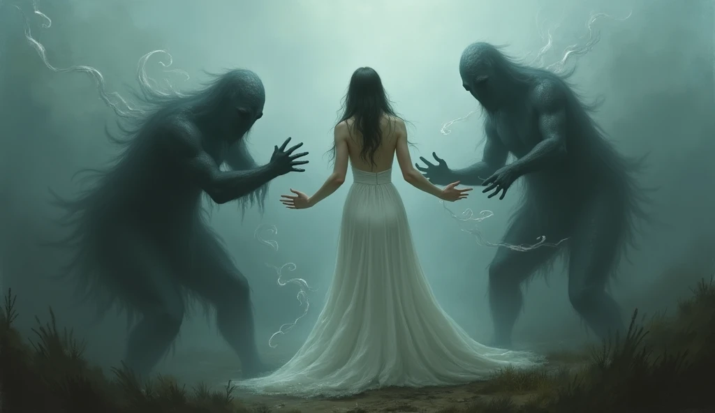 heavy fog ,  dark environment, woman in white clothes being grabbed by various creatures of a surreal nature, Impressionist art style