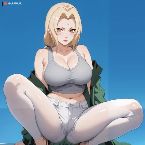 Masterpiece, extremely detailed,perfect quality,4k ,2D ultra graphic,anime,tsunade,bigbreasts ,sexy,perfect sexy body,slim body,sexy ass,long legs,beauty korean face ,manhwa face ,ambarrased face ,white tanktop,sexy white short pants,squad pose,front looks...