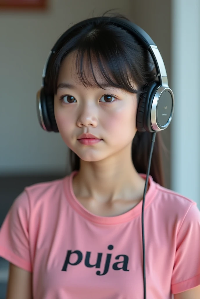 Acute Chinese girl with pink t-shirt.(Puja) is written on her t-shirt. Smart headphone she using.