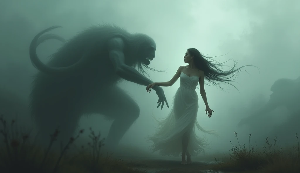 heavy fog ,  dark environment, woman in white clothes being grabbed by various creatures of a surreal nature, Impressionist art style