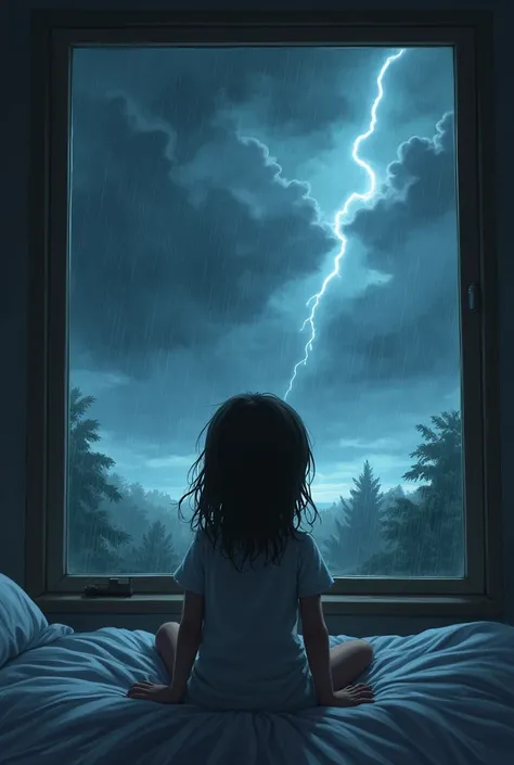 An image of a young girl siiting on her bed and outside the window there was a strong stroam and dark environment 