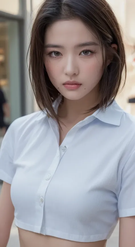 j((Best Quality, 8K, Masterpiece: 1.3)), Sharp: 1.2, Perfect Body Beauty: 1.4, Slim Abs: 1.2, ((Layered Hairstyle, :1.2)), (White Button Short Sleeve Shirt: 1.1), (Street: 1.2), Wet: 1.5, Highly detailed face and skin texture, Fine eyes, double eyelids, lo...