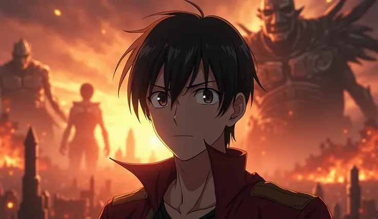 An intense anime-themed thumbnail inspired by Attack on Titan. The main character (Eren Yeager) is highlighted in the center, showcasing his powerful and determined expression. Behind him, epic imagery of titans looming over a crumbling city, with dramatic...