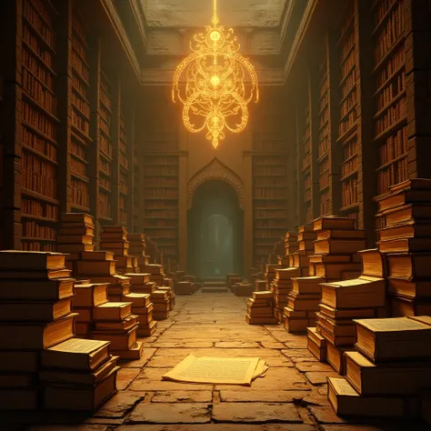 A vast library of ancient scrolls and books, with glowing, mystical symbols floating above them. The scene is lit with an inviting golden glow, hinting at the treasures of history yet to be uncovered.
