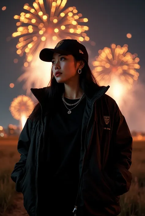 A stunning fisheye lens and highly refined photography full body of a beautiful Korean woman chubby, plump chubby with long black hair, wearing a black baseball cap facing the stripes, a silver necklace, and earrings. She is dressed entirely in black, with...