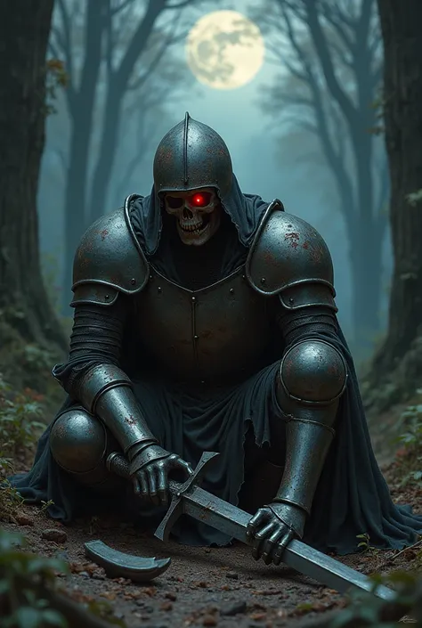 1 Undead knight, sit in ground, , full armor, red shining eye, look at moon, in wood in forrest, rusty heavy damage armor, breaking sword, sad, mask, skeleton. 