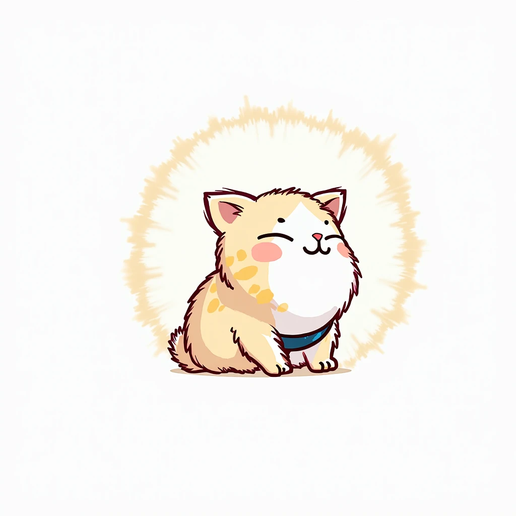 A stylized portrait of a chubby cat, positioned centrally within the image. The cat appears to be a light orange-and-white, medium-sized  breed, possibly a Persian mix, with a round, plump face. Its expression is serene and content, with soft, slightly upw...