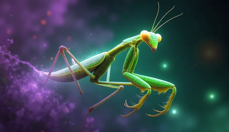 A fantastical vision of a Praying Mantis embedded in a Chromatic Flux Field, entwined with a Geometric Pulse Mesh, and energized through Harmonic Wave Convergence, glowing in mesmerizing green  and purple