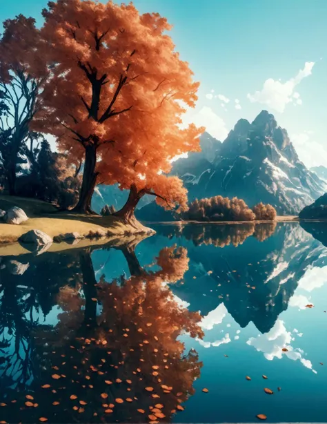   rendering style minimalist composition   лазурный чистый воды пруд ， Reflection of trees and water in the mirror ，Surrealism，clean background， Cinema4D ，  rendering style minimalist composition  ，Azure Lake ， Mirrored colors  ，Surrealism，clean background...