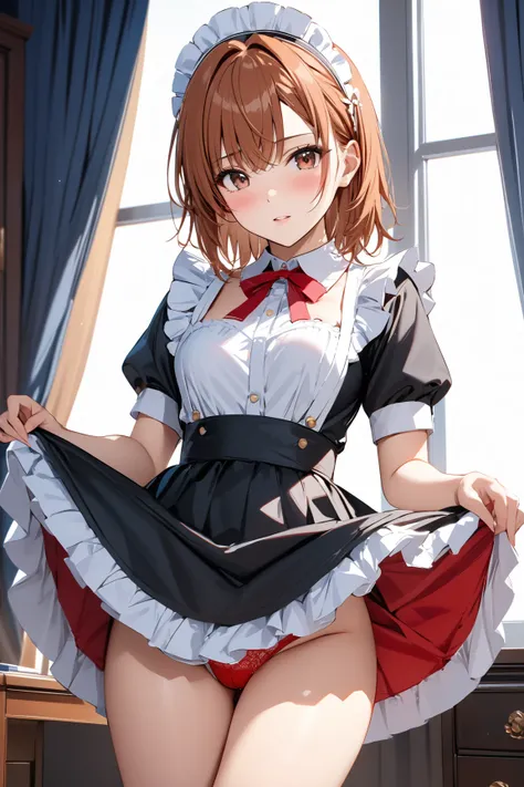  maid clothes, whole body, blush,  Lift Skirt ,  red underwear, (Misaka Mikoto), masterpiece:1.5, masterpiece, highest quality, UHD, retina, masterpiece, accurate anatomy, super detailed, high quality, best quality, 8k