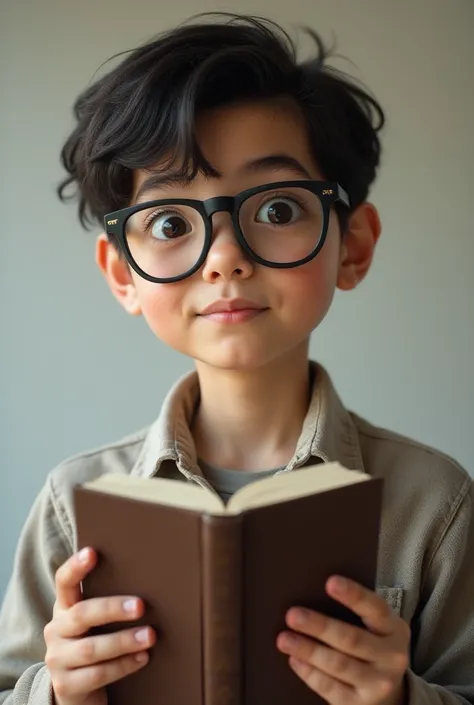 Image of a handsome smart looking boy wearing glass and holding book in hand 