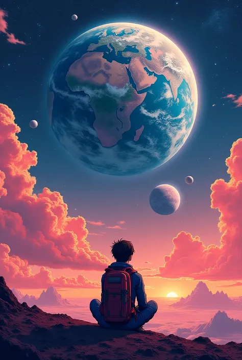 Anime-Typ, sitting on the ground and looking at the planet, Space Cowboy, Cyber-Space Cowboy, inspired by Josan Gonzalez, Makoto Shinkai ( Apex Legends ), Akira Art Style, Ross Tran Stil, Akira-Vibes, Akira Art Style, floating next to planets, josan gonzal...