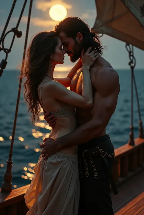 A young woman and a young pirate captain having sex at night on the bow of a ship, detailed erotic scene, very realistic, high quality, 8k, cinematic lighting, dramatic shadows, warm color tones, intricate details, photorealistic, masterpiece, ultra-detail...