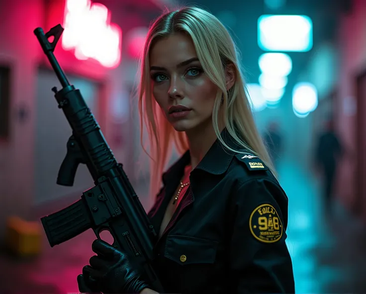 close up cinematic photography of a beautiful blonde woman, green eyes, long straight hair, sexy and sculpted body, wearing sexy police outfit, holding with both hands a 7.62×51mm NATO rifle, walking through a dark alley of a cyberpunk city, neon lights, p...