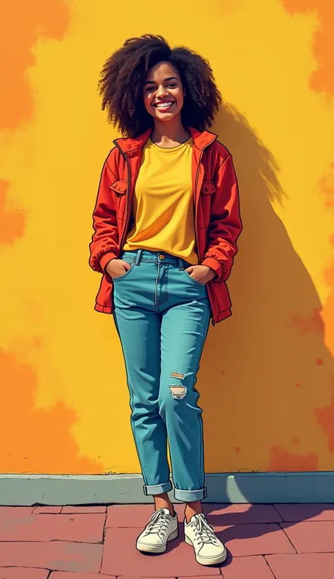 DISCREET image. with discreet casual clothes. image adult woman, american, comic book style. happy. IMAGES WITH VIBRANT COLORS. with Colorful and simple background. Doing some discreet pose