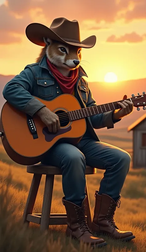 A realistic digital painting of a random animal sitting on a wooden stool, playing an acoustic guitar in a country-western style. The animal is dressed in a cowboy hat, leather boots, and a denim jacket, with a serene sunset over a rural farm in the backgr...