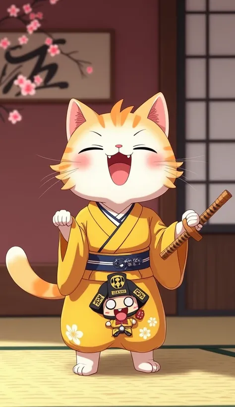  Anime illustration of a Japanese cat Bobtail with large, sparkling eyes is standing on tatami in a traditional Japanese room.  The cat is wearing a yellow kimono with a picture of a samurai and is laughing loudly while holding a wooden toy sword . The bac...