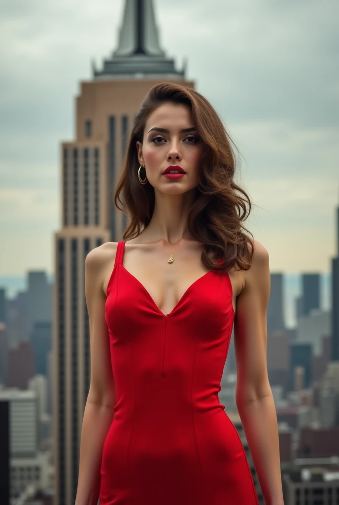 La même femme en robe rouge moulante avec décolleté en haut de l’empire stade building