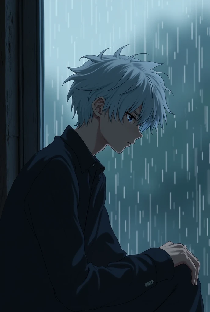 Anime boy, white hair, black eyes, sitting sad, raining