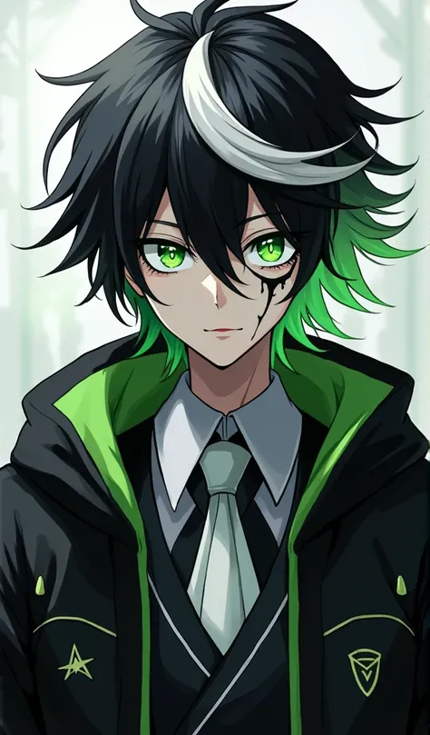 Black and white haired male character ,  he umsa wears a black and white outfit ,  his eyes are green with a strong glow he has a scar on his face, He is a villain , Paranormal Order, anime , cyberpunk.