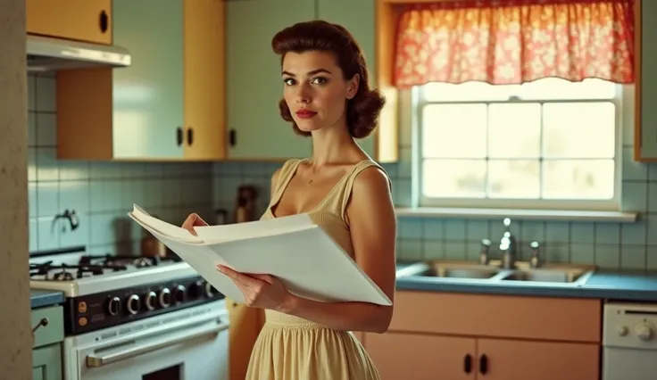 A 1950s suburban kitchen, with pastel-colored cabinets, a checkered floor, and a floral-patterned curtain over a small window. A young seductive-woman, with visible breast, wearing a typical 1950s house dress (a soft pastel shade with a cinched waist) is f...