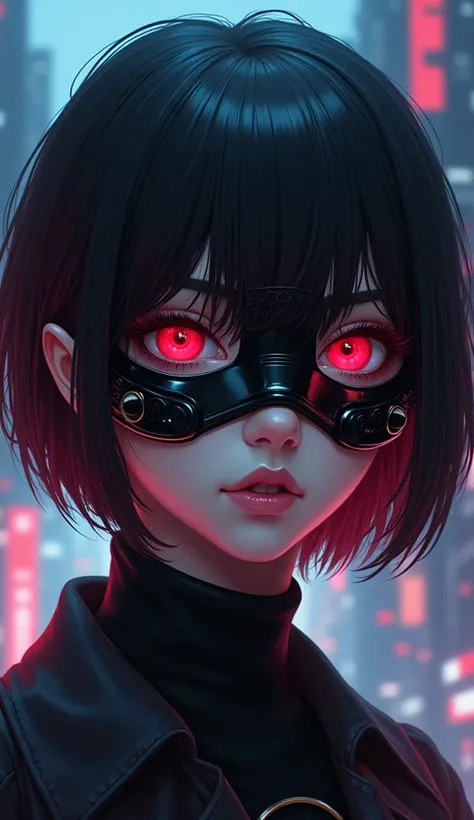 cyberpunk,1girl, Short Hair, Red Eyes,  with mask cute face 