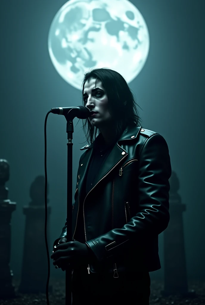 Face in white paint wearing tight black leather jacket the rock singer facing the mickrophone is singing in a dark grave in the light of a full moon