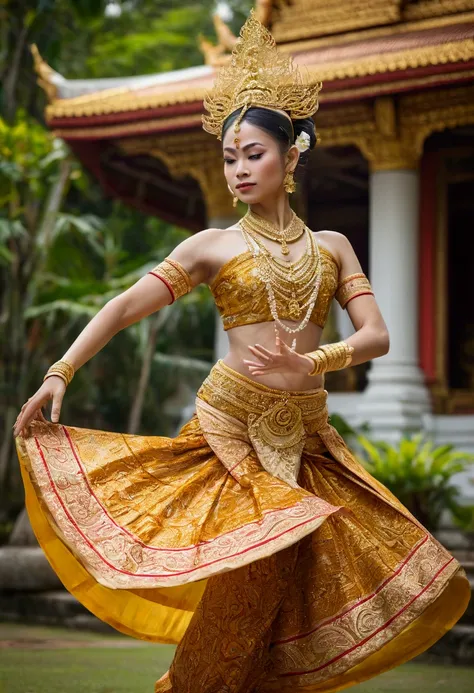 Create an image of a graceful Thai classical dancer performing a traditional dance. The dancer wears an intricate traditional costume with detailed patterns, golden accessories, and a tall, elegant headdress. The background features a serene Thai temple se...