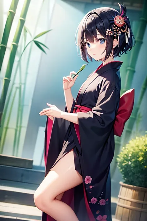 ((All men))、 handsome guy with black blue hair、Short hair、Kawaii eyes、cute expression 、 neutral look、Happy、Nihil、 kimono、Kimono、((cool bamboo hair ornament))、 black and pink kimono 