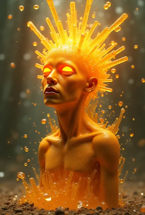 "A bizarre figure with a face glowing like molten gold, surrounded by floating shards of crystal and emanating a surreal aura."