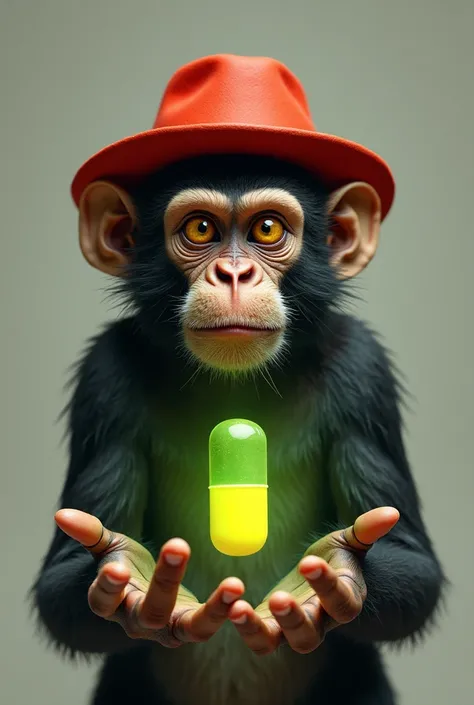 The brutal-faced cesa monkey, wearing a red hat, hands outstretched at chest level, had a yellow-green capsule floating between the two hands.
