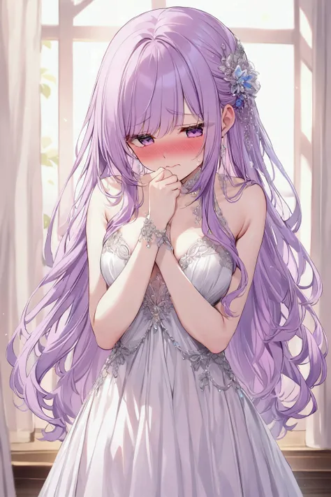  girl、Light purple hair color、 long hair、 Sexy Dress 、Embarrassed