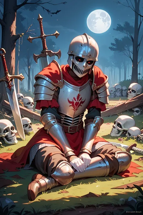 1 Undead knight, sit in ground, , full armor, red shining eye, look at moon, in wood in dark forrest, rusty heavy damage armor, breaking sword, sad, masked helmet, skeleton. Medieval, skinny, single