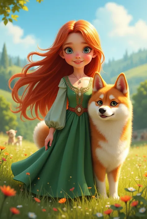 Crea un immagine in stile pixar con rappresentata una ragazza dai capelli lisci color rame, who wears a mediaeval-style green dress with her faithful Akita Inu next to her 