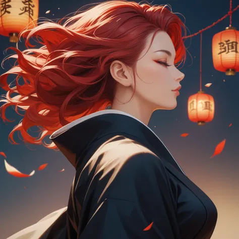  Japanese gorgeous Black kimono profile of an adult woman 、long red  hair、 the wind is blowing 、beautiful、high quality、Alone、New year