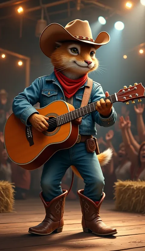 A realistic digital painting of a random animal standing on a wooden stage, playing an acoustic guitar in a country-western style. The animal is dressed in a cowboy hat, leather boots, and a denim jacket, performing under bright stage lights with a cheerin...