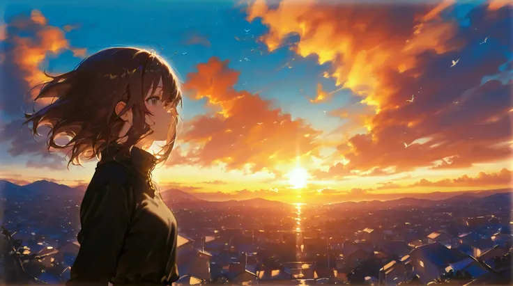 Brown Hair、Floating Hair、 medium hair、 conceptual art 、Anime、 chiaroscuro、 wide shot、the above、Super high resolution、masterpiece、correct、 top quality 、 Windy, sunset