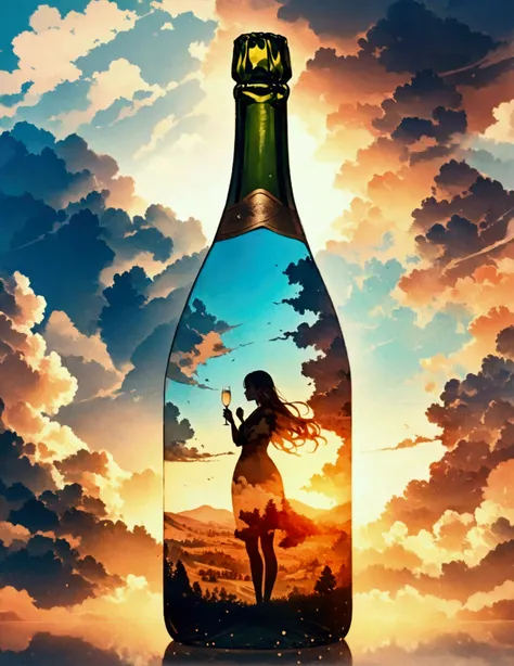  double exposure .  a bottle of champagne with a picture of a beautiful landscape,  clouds of white smoke outline , the flowing silhouette of a girl , beautiful mysticism , neon , image transparency ,  masterpiece fails