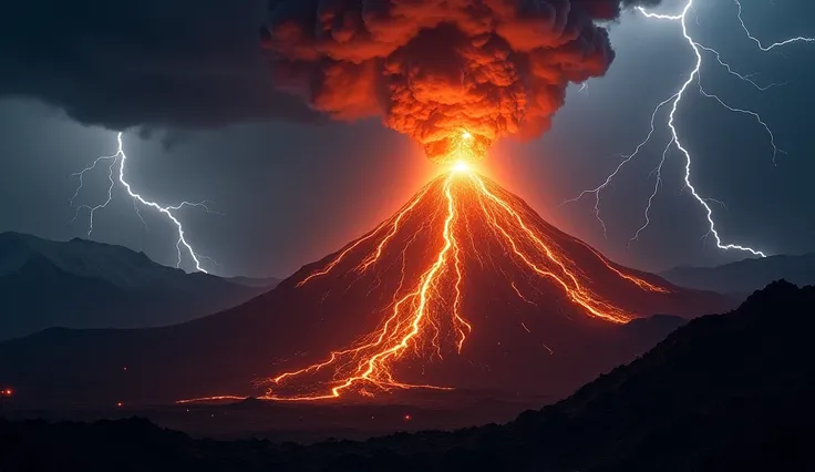 Volcano eruption with night thunder 